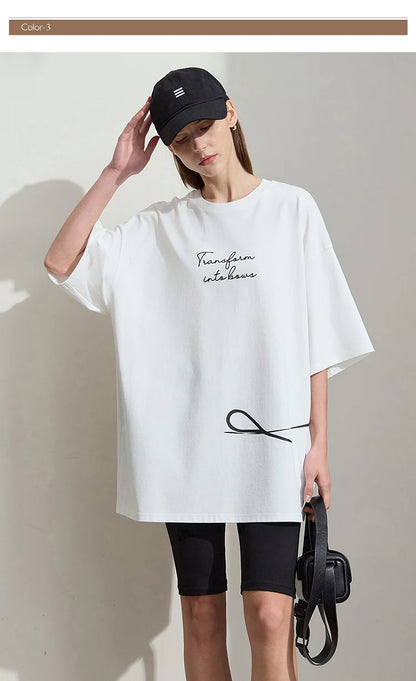 Damen T-Shirt aus ultraloch Stretch-Baumwolle mit Buchstaben-Bowknot-Aufdruck