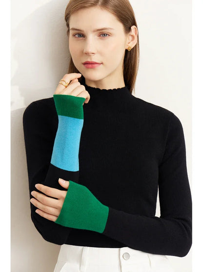 Damen-Rollkragenpullover Wolle Slim Patchwork Büro Winter