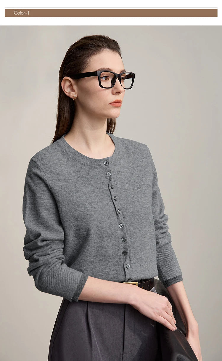 Damen-Rundhalspullover Strickjacke einfarbig einreihig Herbst-Winter