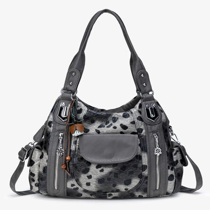 Damen-Hobo-Tasche aus gewaschenem Leder mit grau-Leoparden-Print und mehreren Fächern und viel Stauraum