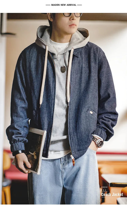 Herren Vintage-Jeansjacke Lockere Passform Revers-Reißverschlussjacke Kurze Blaue Mäntel