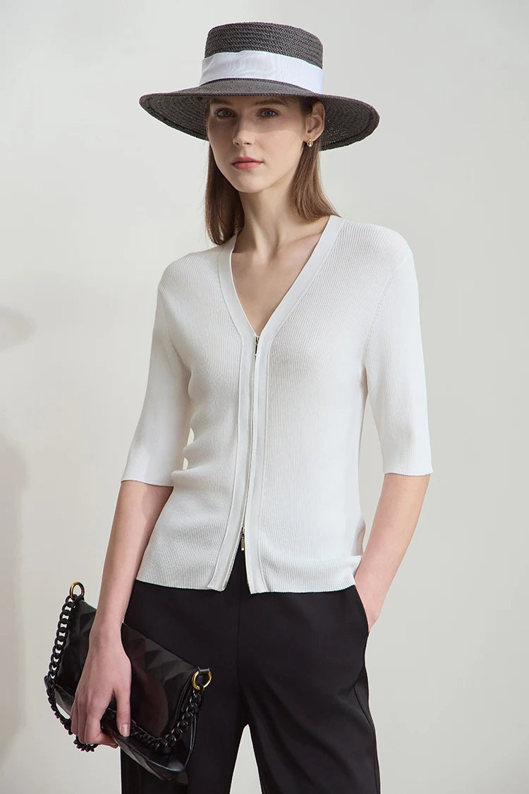 Damen V-Ausschnitt Strickjacke Slim Reißverschluss Viskose Herbst