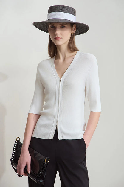 Damen V-Ausschnitt Strickjacke Slim Reißverschluss Viskose Herbst