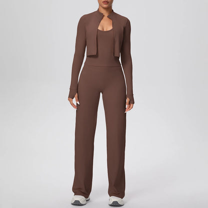 Damen Outdoor-Yoga-Set: Jacke mit Reißverschluss und lange Hose, braun