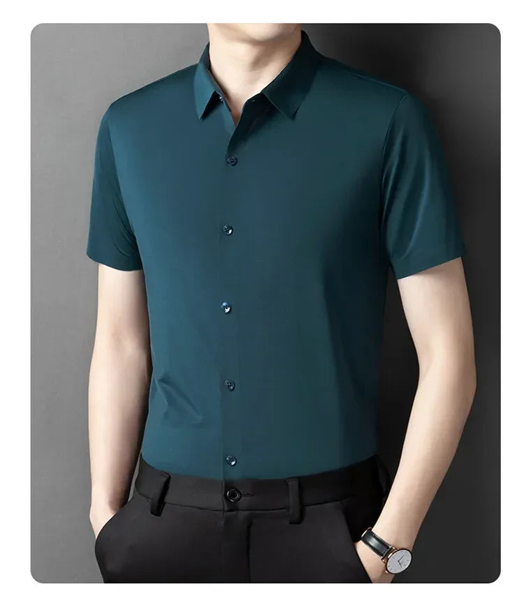 Herren-Hemd mit Vier-Wege-Stretch, Farbblock-Diamantmuster und Knopfleiste – ideal für Business-Casual und formelle Anlässe.