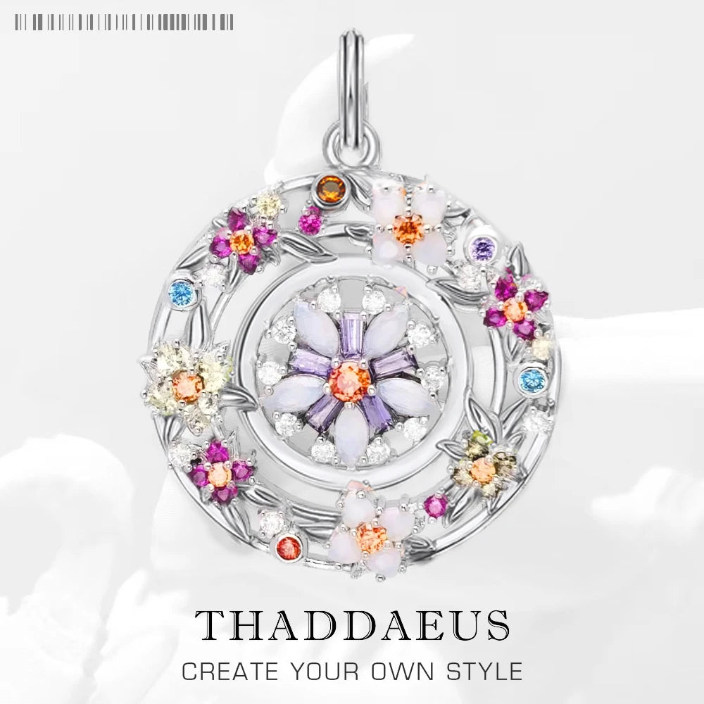 Anhänger aus 925 Sterling-Silber mit rundem Blumenmosaik aus bunten Steinen