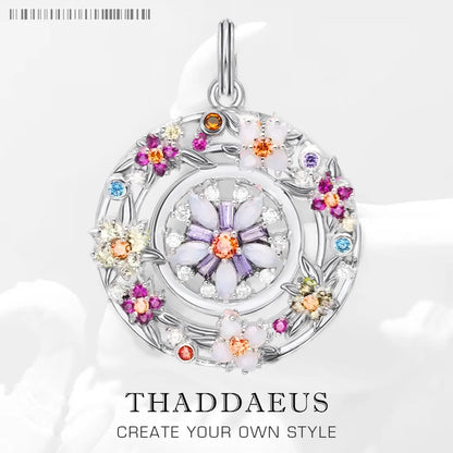 Anhänger aus 925 Sterling-Silber mit rundem Blumenmosaik aus bunten Steinen