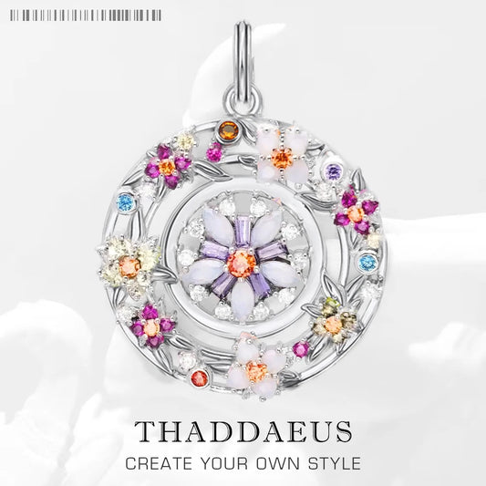 Anhänger aus 925 Sterling-Silber mit rundem Blumenmosaik aus bunten Steinen