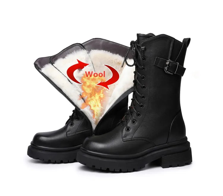 AIYUQI Women Boots Large Size Genuine Leather Thick Wool Warm Winter Biker Boots Women British Style Women Snow Boots