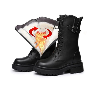 AIYUQI Women Boots Large Size Genuine Leather Thick Wool Warm Winter Biker Boots Women British Style Women Snow Boots