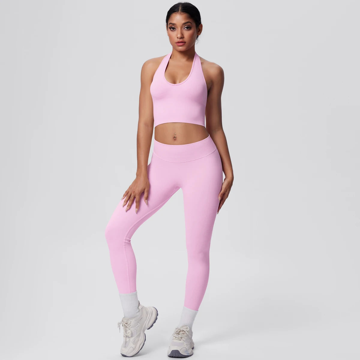 Yoga-Set für Frauen, ärmelloser Sport-BH und Leggings, pfirsichrosa, mit weitem Taillenbund.