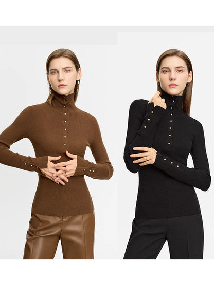 Damen-Strickjacke Rollkragen Knopfleiste Slim halboffene Front Herbst