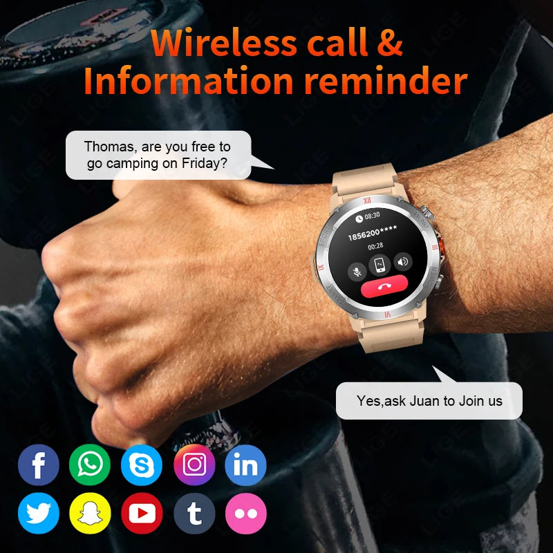LIGE 2025 Neue männer Smartwatch Taschenlampe Herzfrequenz Blutdruck Gesundheit Überwachung Wasserdichte Intelligente Uhr Für Android IOS