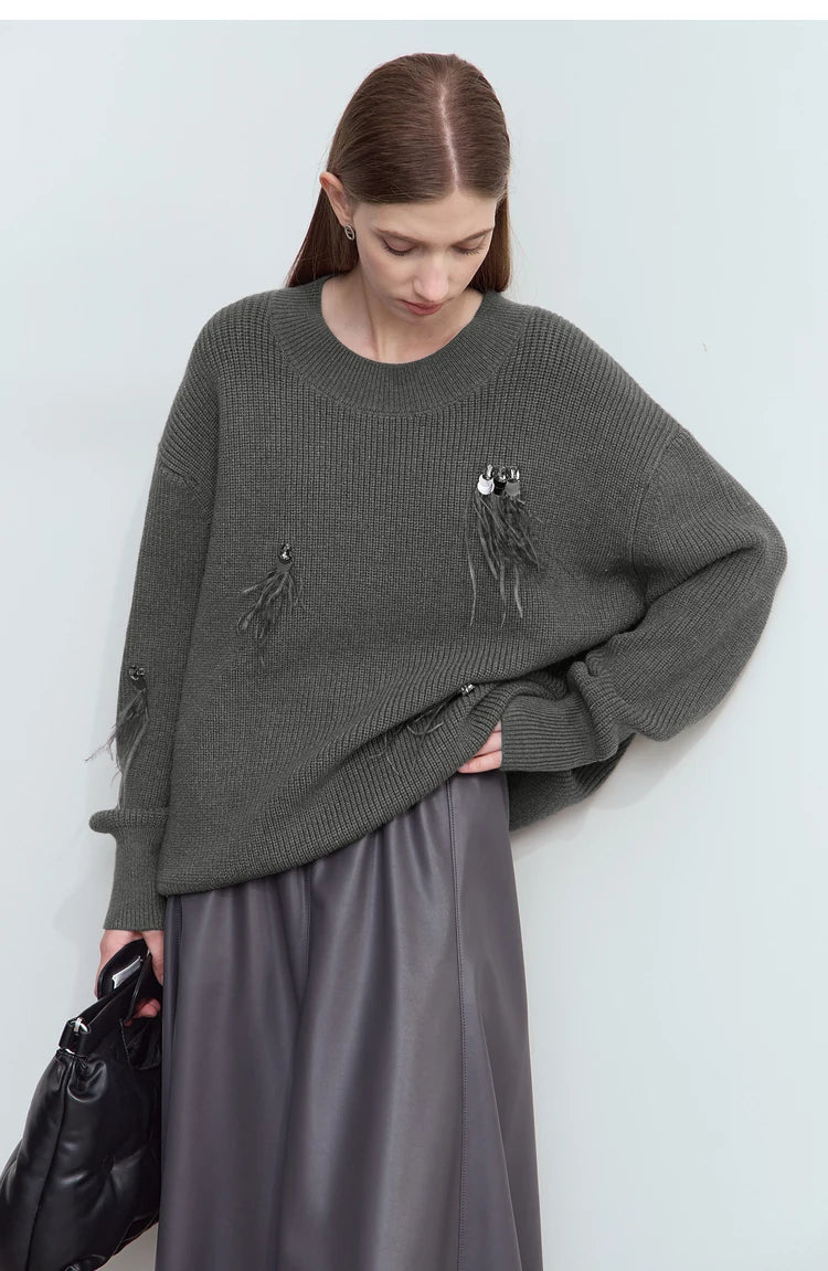 Damen-Rundhalspullover Perlen Strassapplikation locker Winter
