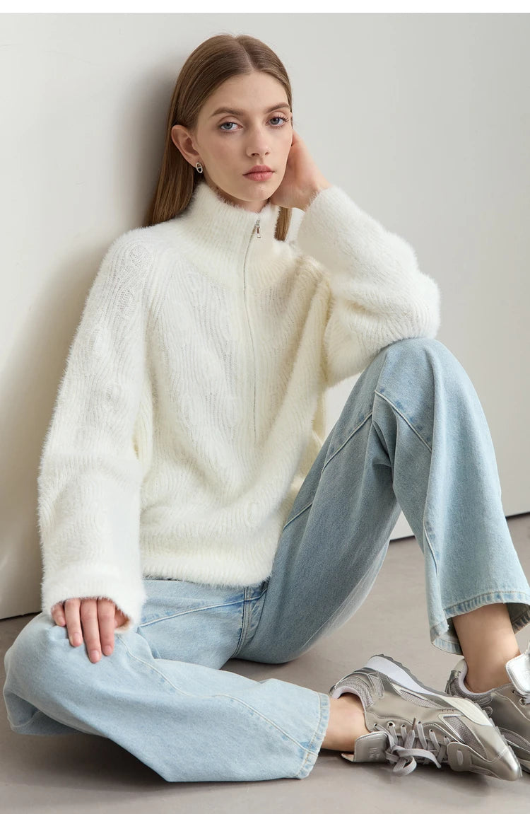 Damen-Rollkragenpullover Reißverschluss Nerz-Optik locker Winter