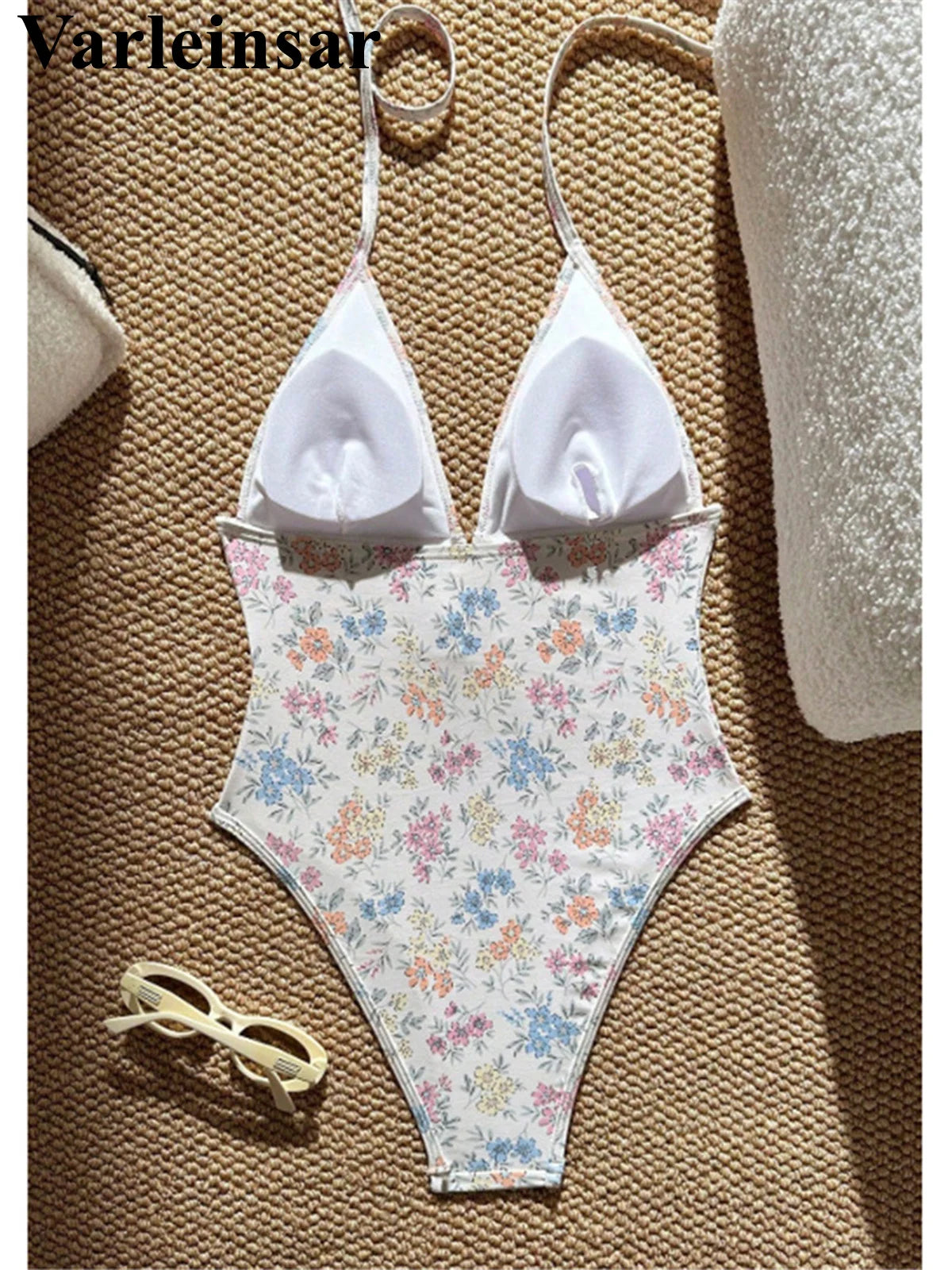 Damen Badeanzug Blumen V-Ausschnitt Neckholder Monokini hoher Beinausschnitt