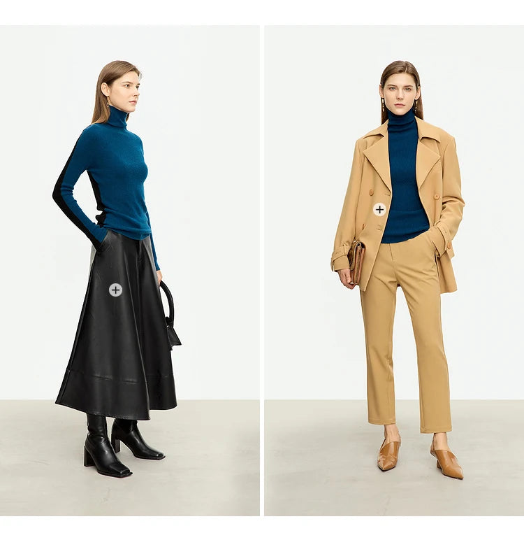 Damen-Rollkragenpullover 100 % Wolle Farbkontrast Slim Fit Frühling
