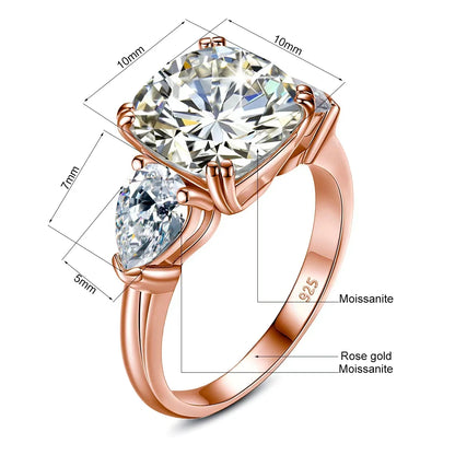 Damen-Ring Moissanit Drei-Stein Kissen-Schliff 5-Karat Zertifiziert Mit Echtheitszertifikat