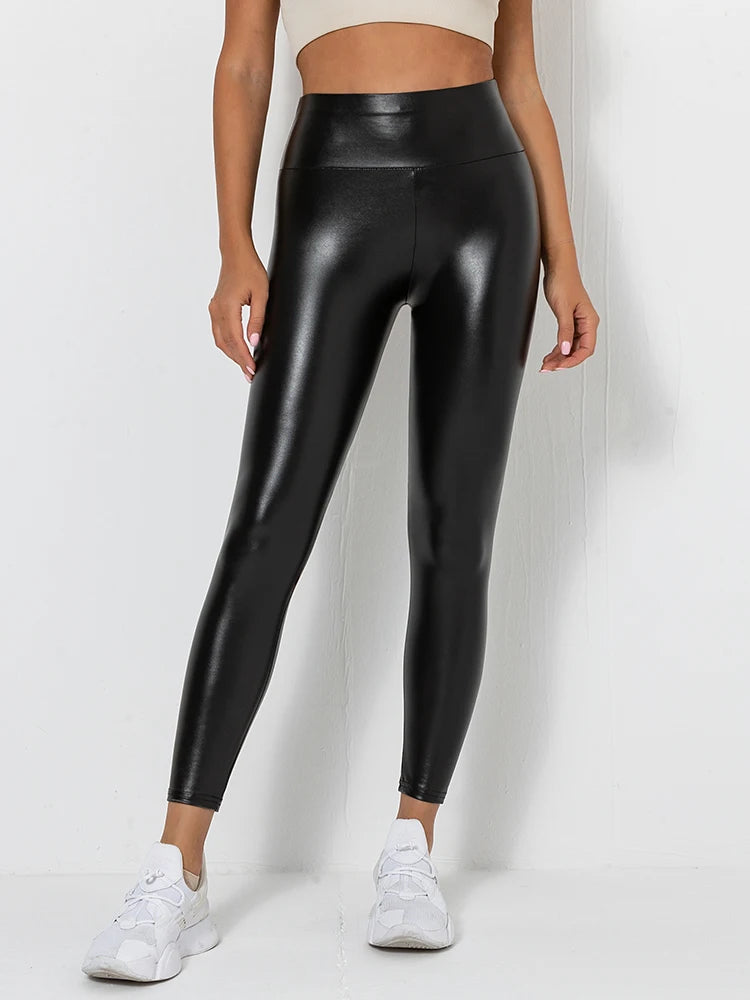 Schwarze PU-Leggings mit hohem Bund, eng anliegend, glatter Schimmer