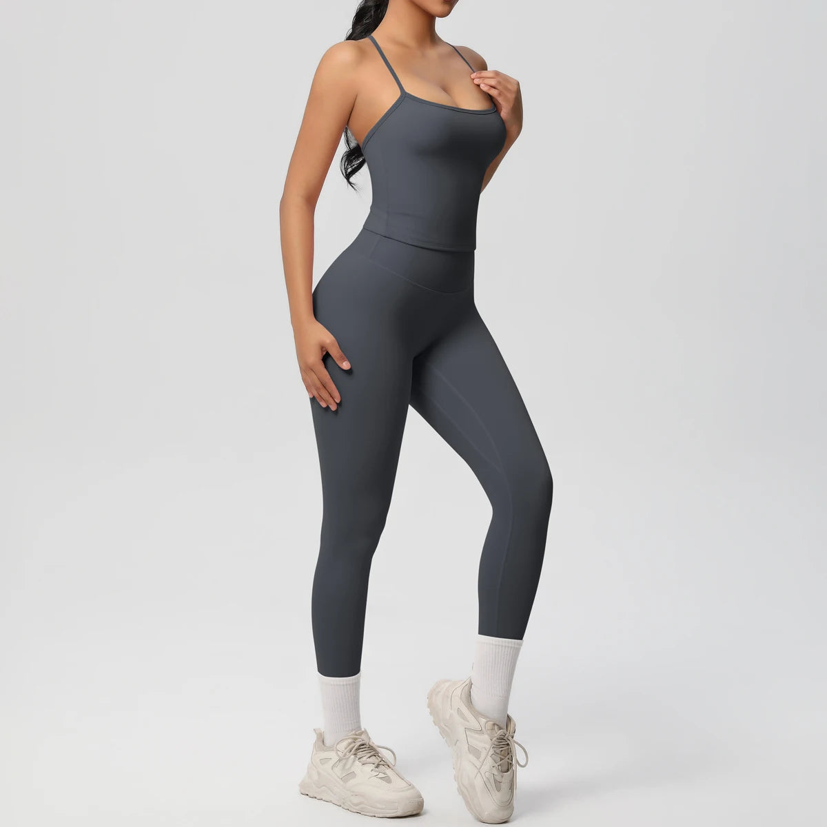 Yoga-Set mit Tanktop und Leggings, dunkelgrau, schmale Träger, Knöchelsaum