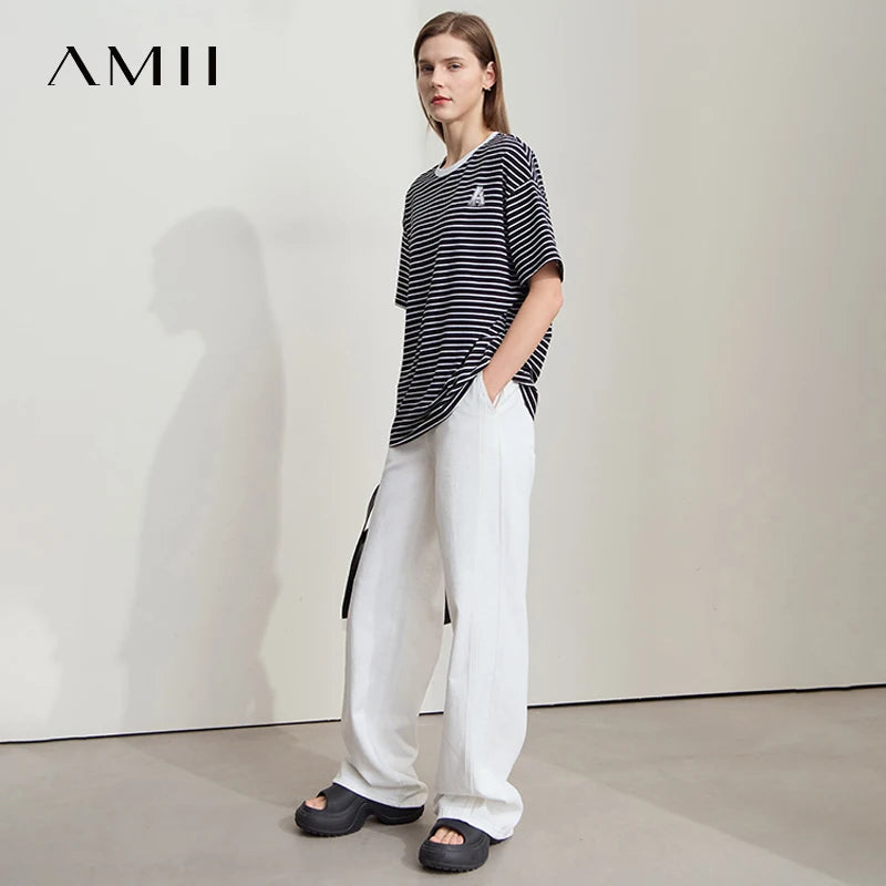 Damen T-Shirt aus reiner Baumwolle mit lässigem Streifenmuster und kurzen Ärmeln