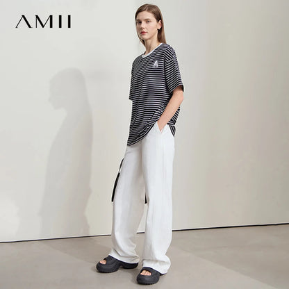 Damen T-Shirt aus reiner Baumwolle mit lässigem Streifenmuster und kurzen Ärmeln