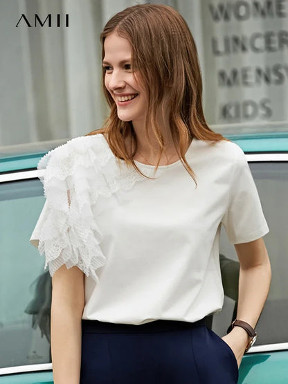 Damen T-Shirt aus mercerisierter Baumwolle im minimalistischen Patchwork-Stil mit Spitze