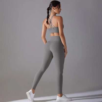 Damen-Yoga-Set mit Bügeltop und Leggings, Slim Fit, grau, Rückenansicht mit Kreuzträgern