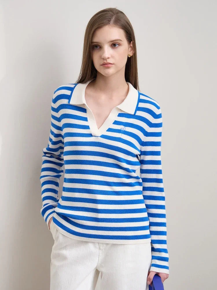 Damen V-Ausschnitt Pullover Streifen Stickerei Polo Kontrastfarben Herbst