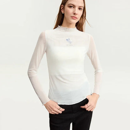 Damen T-Shirt aus gedrucktem Mesh mit slim-fit Halb Stehkragen