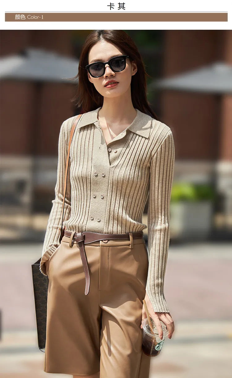 Damen-Strickjacke Polokragen Slim doppelreihig Wolle-Mix Frühling-Herbst