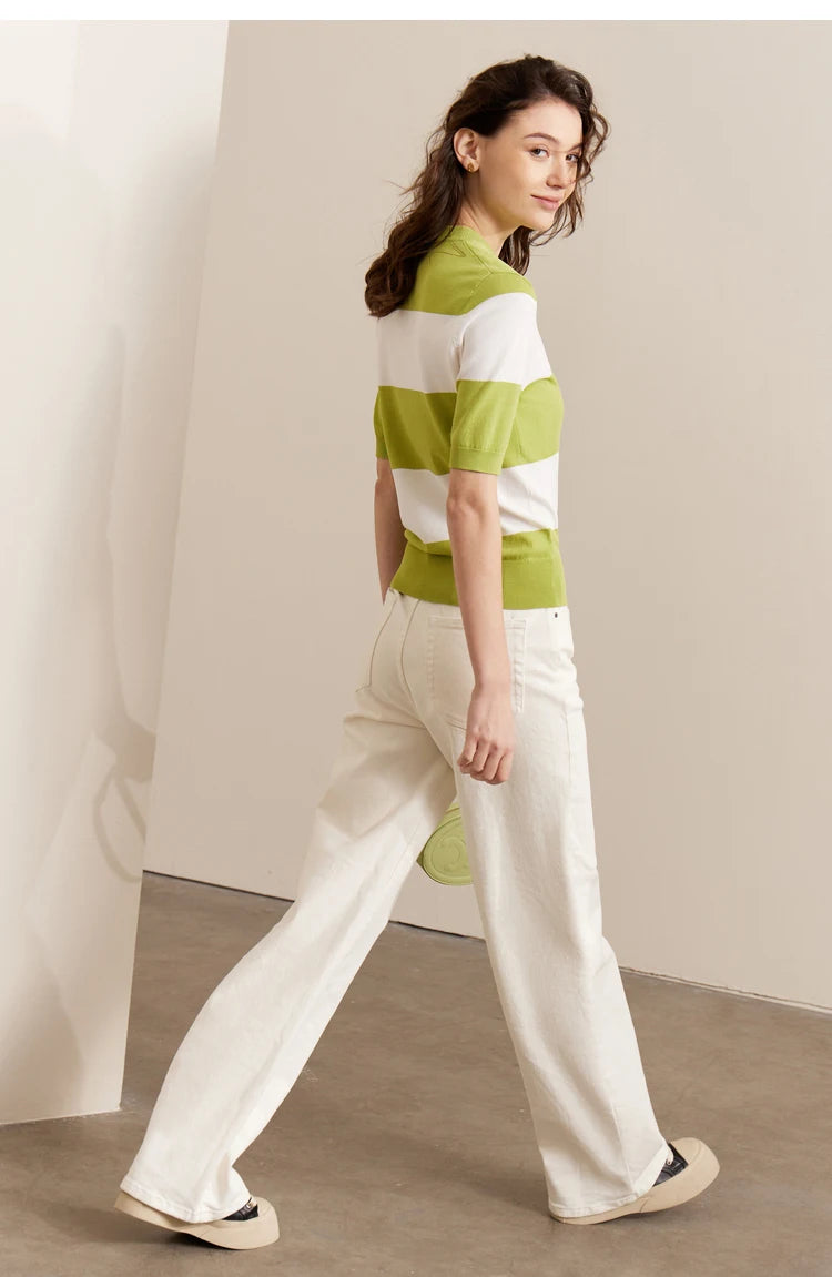 Damen Sommer-T-Shirt im Minimalismus-Stil mit gestreiftem Lächeln-Gesicht