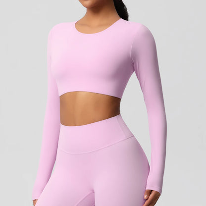 Sporttop für Damen, langarm, rundhalsausschnitt, rosafarben, figurbetont