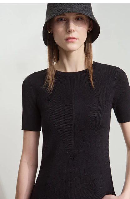 Damen-Rundhalspullover Lyocell Slim Kurzarm figurschmeichelnd Sommer