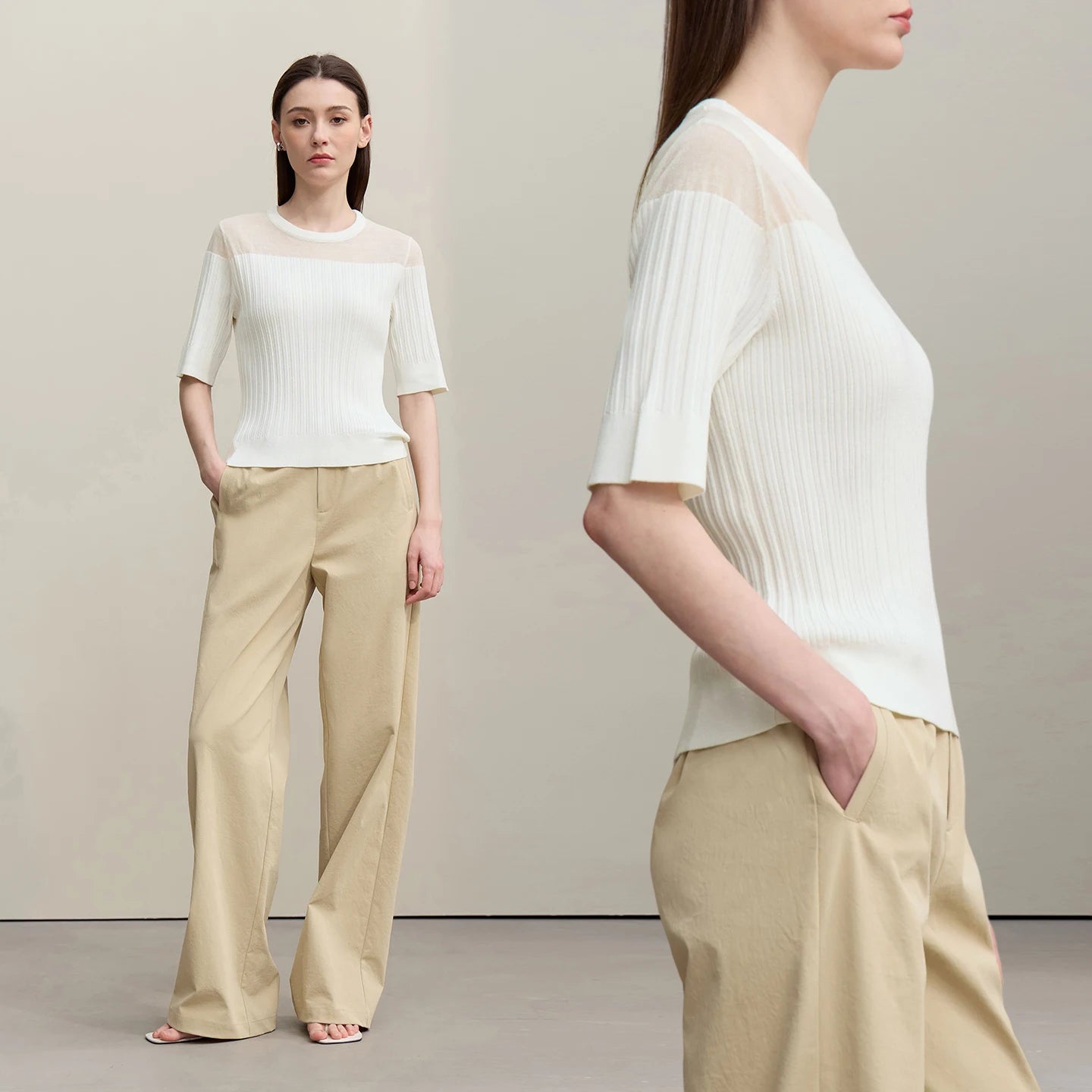 Damen-Stricktop mit Rundhalsausschnitt, Kurzarm, beiger Ton, leicht transparentes Mesh