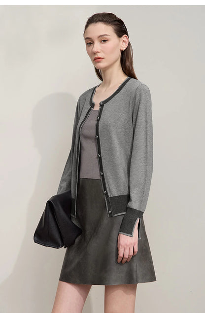 Damen-Strickjacke Rundhals Patchwork gerade elegant vielseitig Herbst