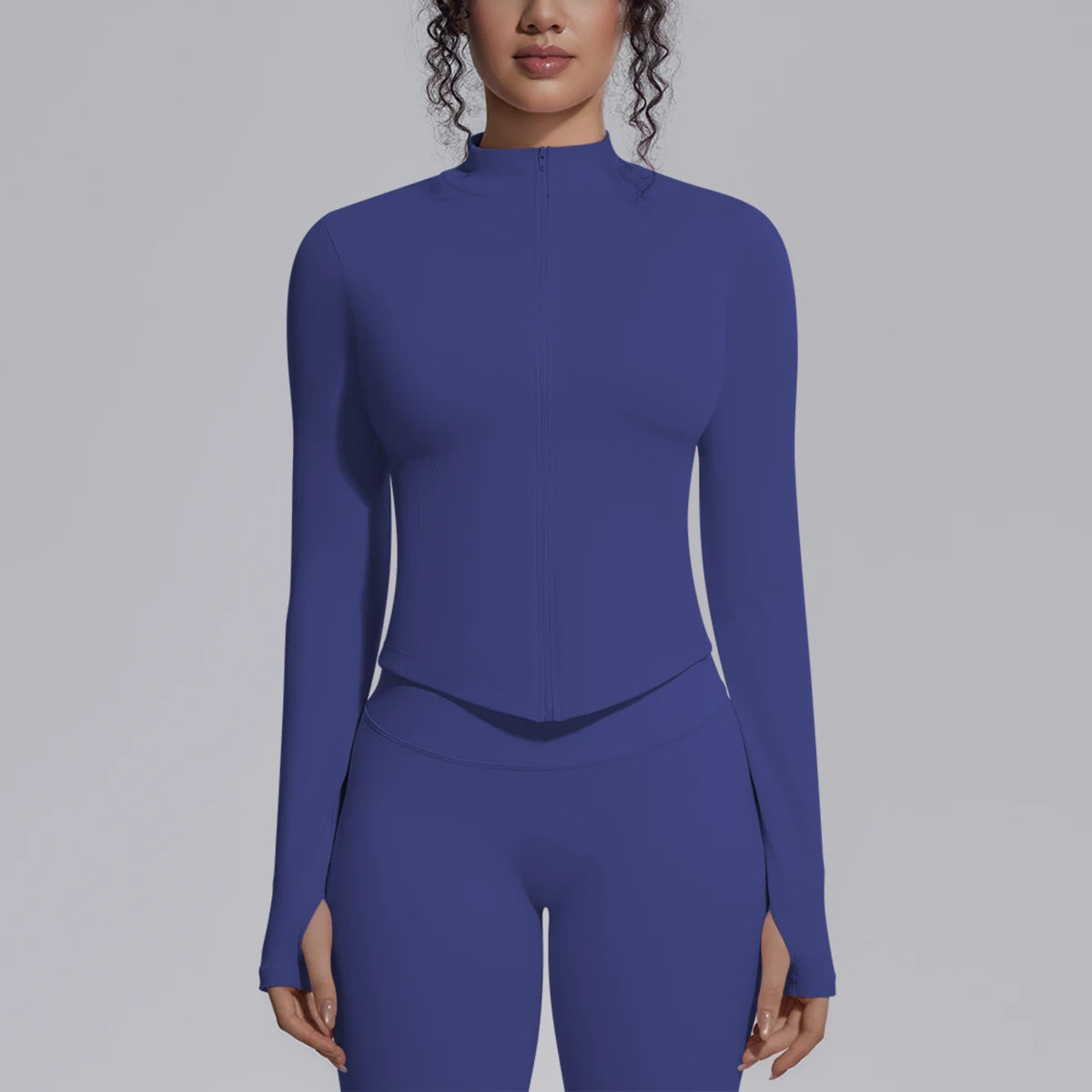 Langärmliges Yogatop mit Reißverschluss und Stehkragen, blau