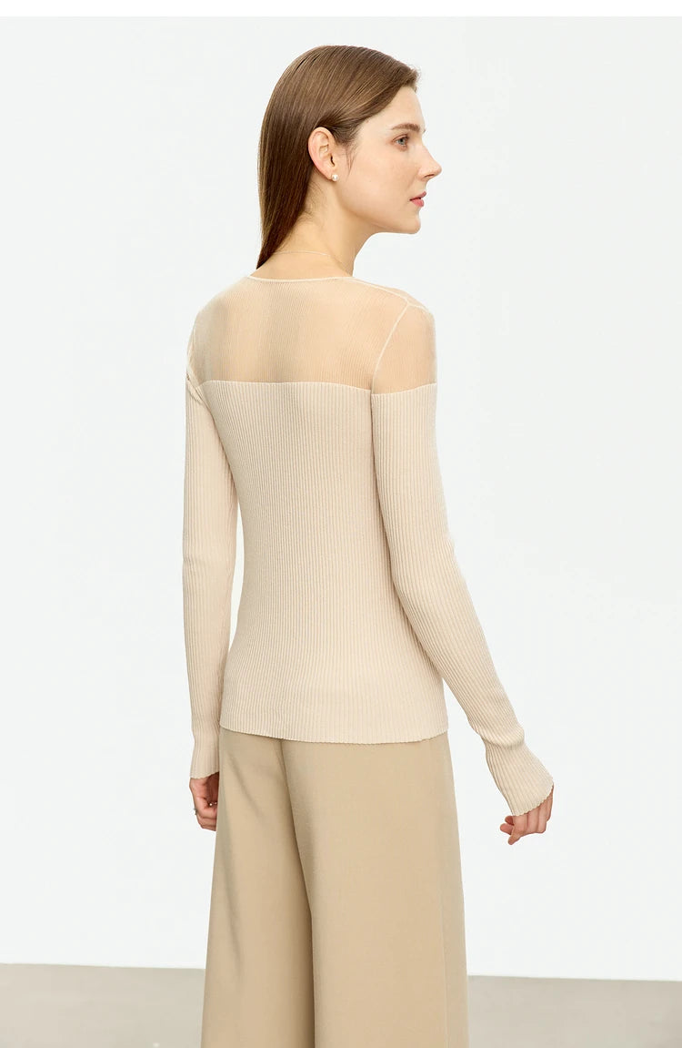Damen-Pullover mit V-Ausschnitt und Knopfleiste, lange Ärmel, beigefarbener Rippstrick hinten