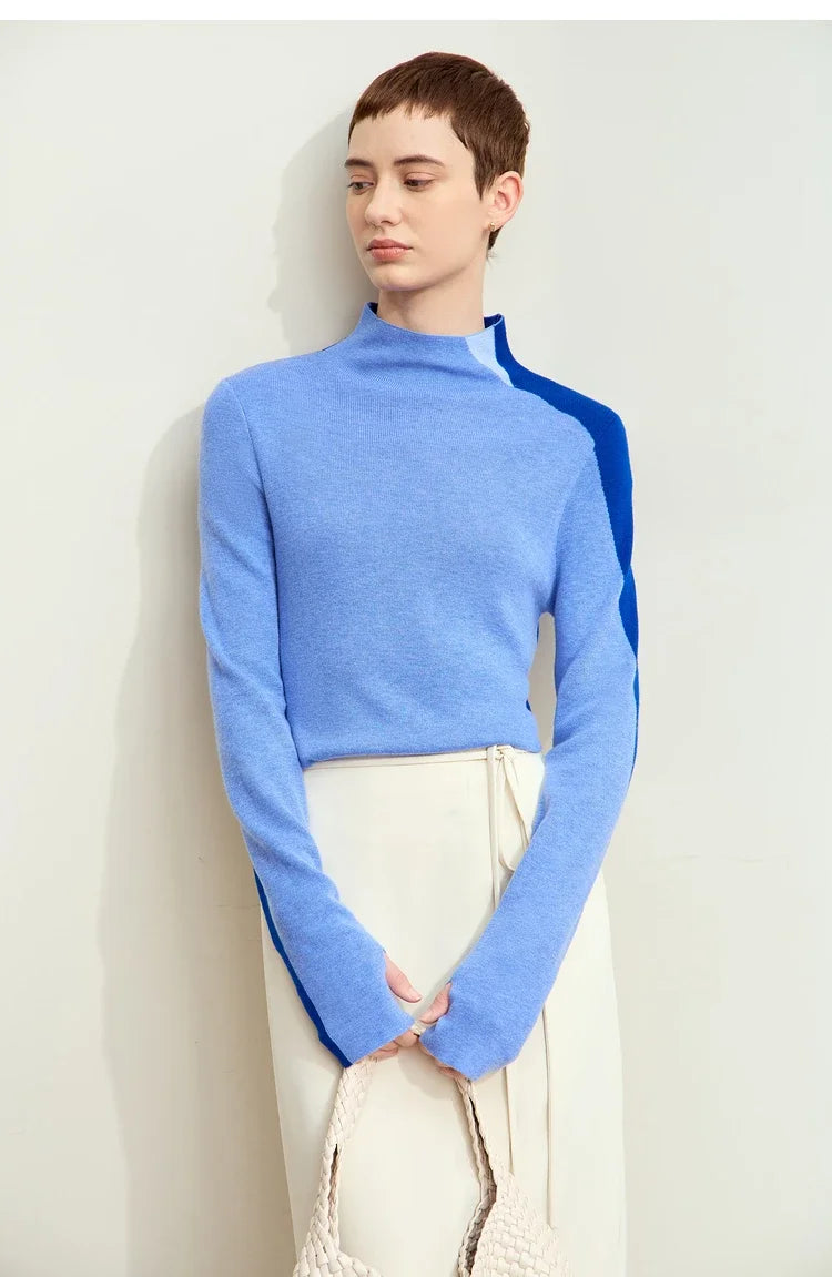 Damenpullover mit Stehkragen, langarm, blau