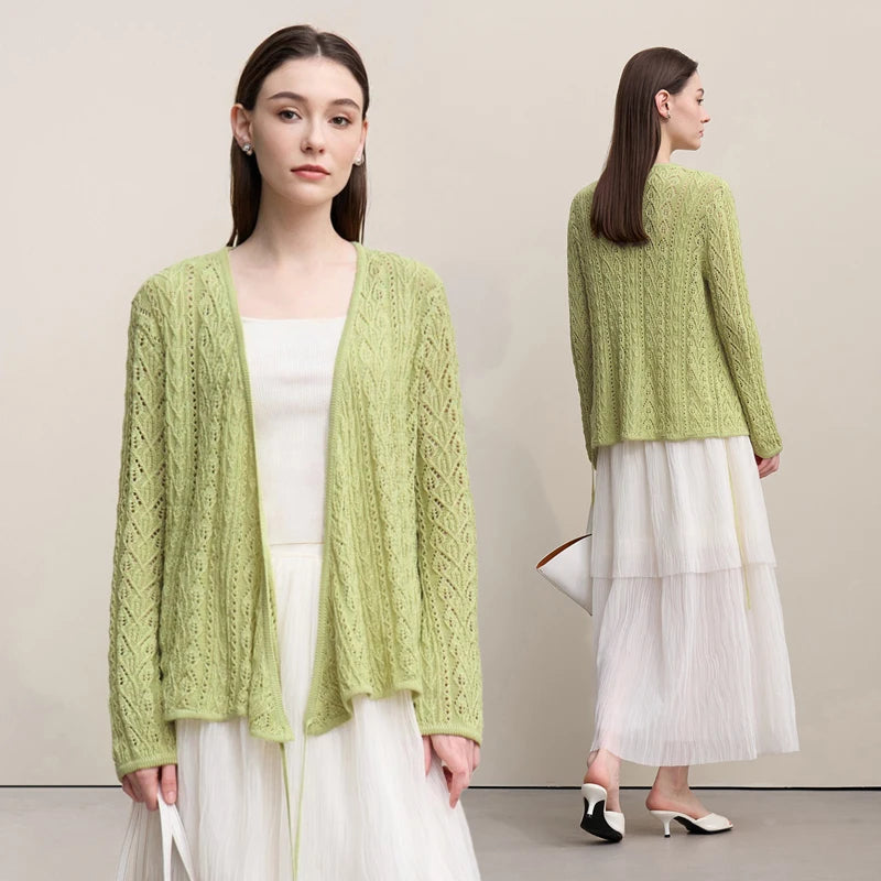 Damen-Strickjacke V-Ausschnitt Wolle Hohlstrick locker Langarm Frühling