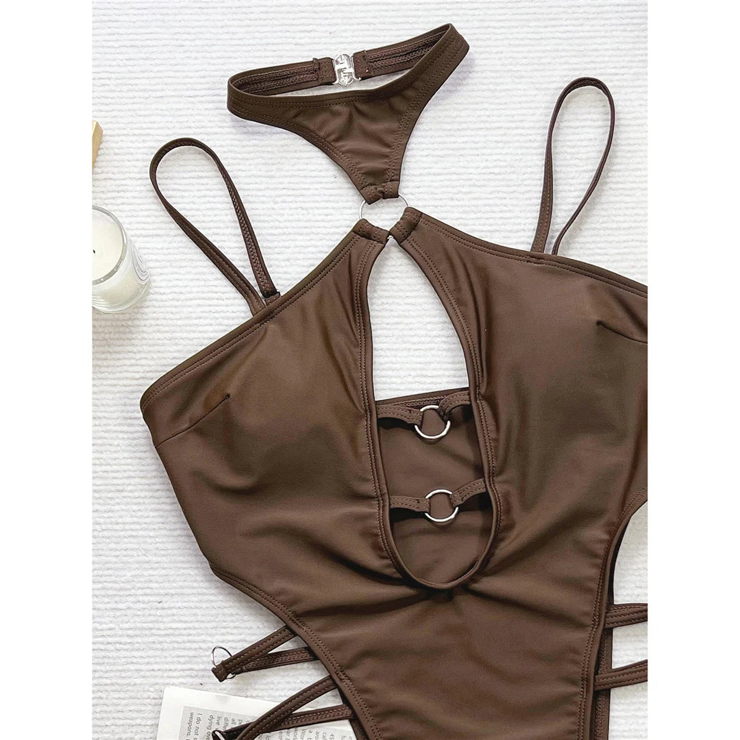 Damen Badeanzug Neckholder Cut-Out Micro Tanga hoher Beinausschnitt Monokini