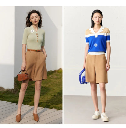 Damen Shorts im minimalistischen Stil mit breitem Bein und Taschen