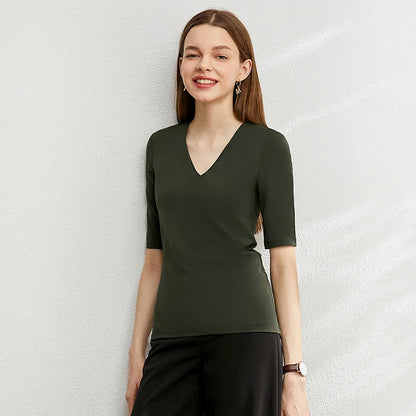 Damen T-Shirt im Minimalismus-Stil mit V-Ausschnitt und halben Ärmeln