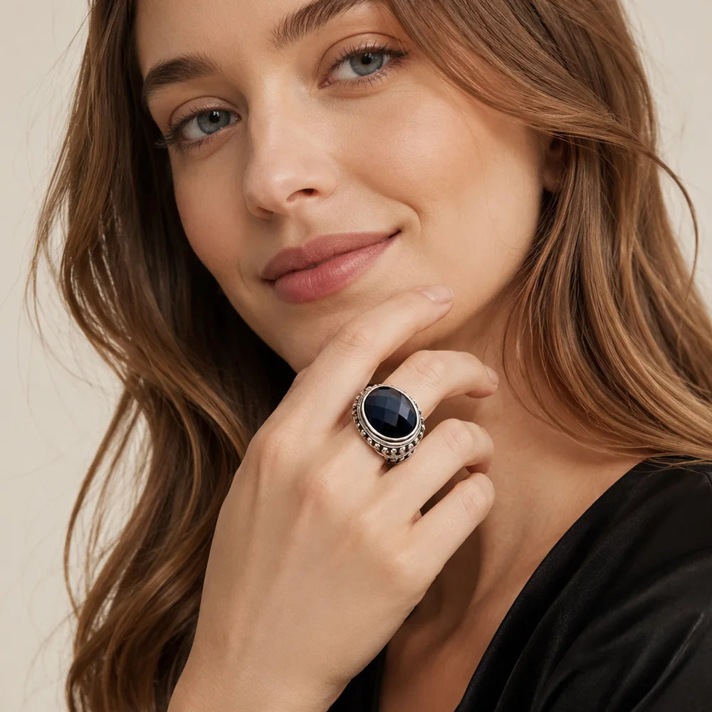 Damen-Ring Totenkopf Skelett schwarz Cocktail aus Sterlingsilber