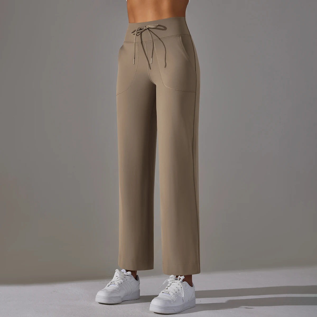 Damen-Leggings mit weitem Bein, hoher Taille und Taschen, beige (Cocoa)