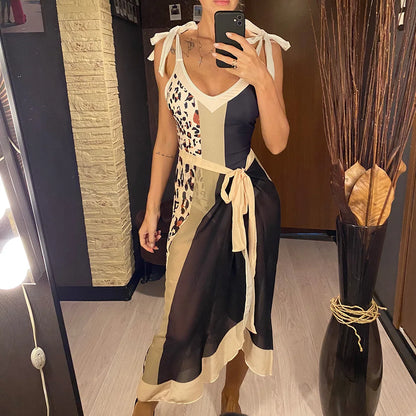 Damen Badeanzug Leopard Spleiß V-Ausschnitt mit Rock Monokini