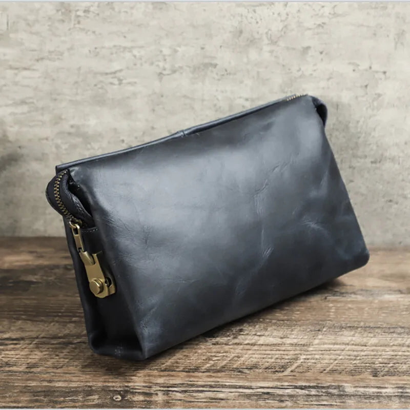Herren-Leder-Clutch, dunkelblaue Tasche mit Reißverschluss und Kettenriemen