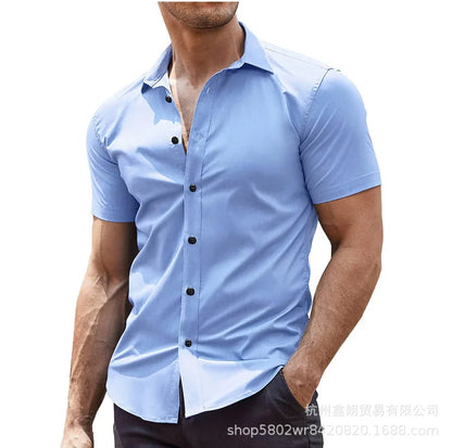 Lässiges Herren-Cardigan-Hemd mit kurzen Ärmeln und Reverskragen in Unifarbe – ideal für den Sommer.
