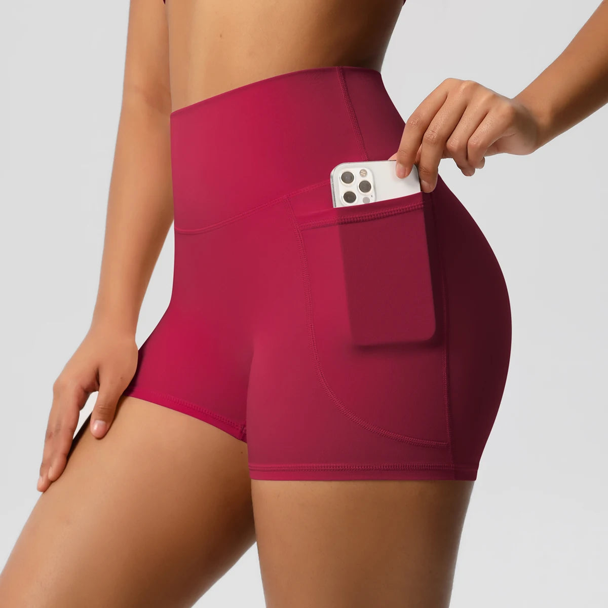 Yoga-Shorts für Damen, hoher Bund, mit Handy-Tasche, dunkles Rot