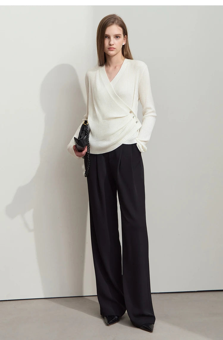 Damen V-Ausschnitt Pullover plissiert Muschelschnalle Wolle Herbst